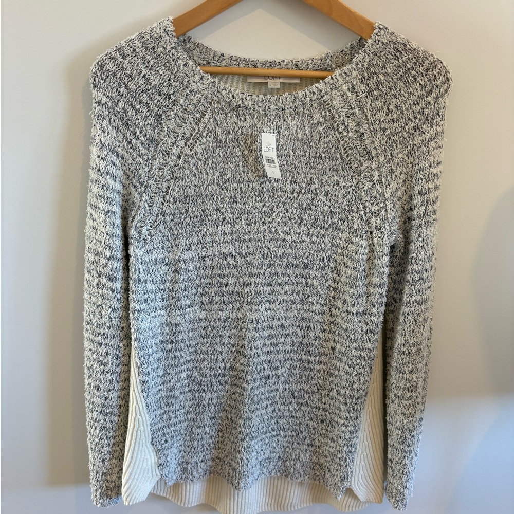 LOFT Gray and Cream Crew Neck Sweater